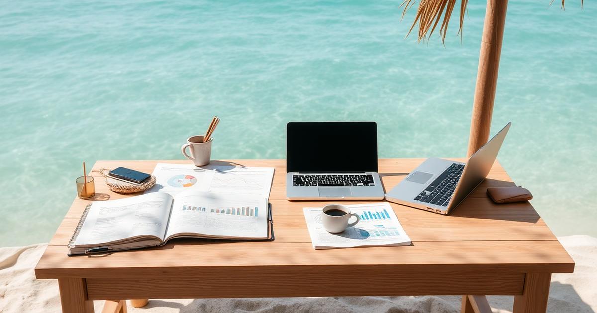 Redaktioneller Arbeitsplatz am Strand mit gedruckten Marktanalysen, Notizbüchern und Laptops