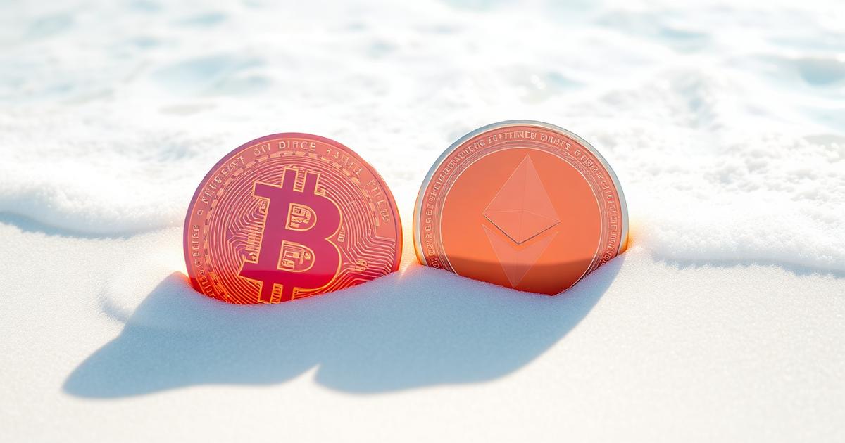 Durchscheinende Bitcoin- und Ethereum-Münzen im hellen Sand neben türkisfarbener Brandung zur Veranschaulichung von Krypto-Trading-Bildung