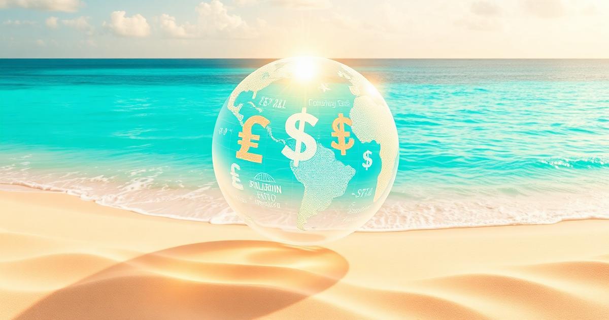 Gläserner Globus mit Währungssymbolen über einer sonnenbeschienenen türkisfarbenen Küste zur Veranschaulichung von Forex-Trading-Bildung