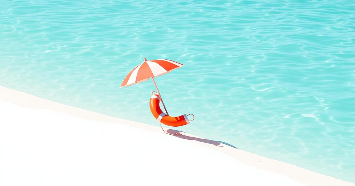 Heller Rettungsring und Strandschirm auf weißem Sand neben ruhigem türkisfarbenem Wasser, symbolisiert Risikomanagement im Trading