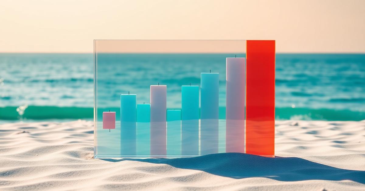 Skulptur eines Kerzencharts aus mattiertem Glas auf sonnigem Sand am Meer, zur Veranschaulichung der technischen Analyse